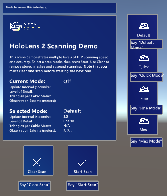 HL2 Scan Demo Interface. Informs user of Current Mode and Selected Mode, and allows them to Start or Clear Scan, or switch to Default, Quick, Fine, or Max modes.