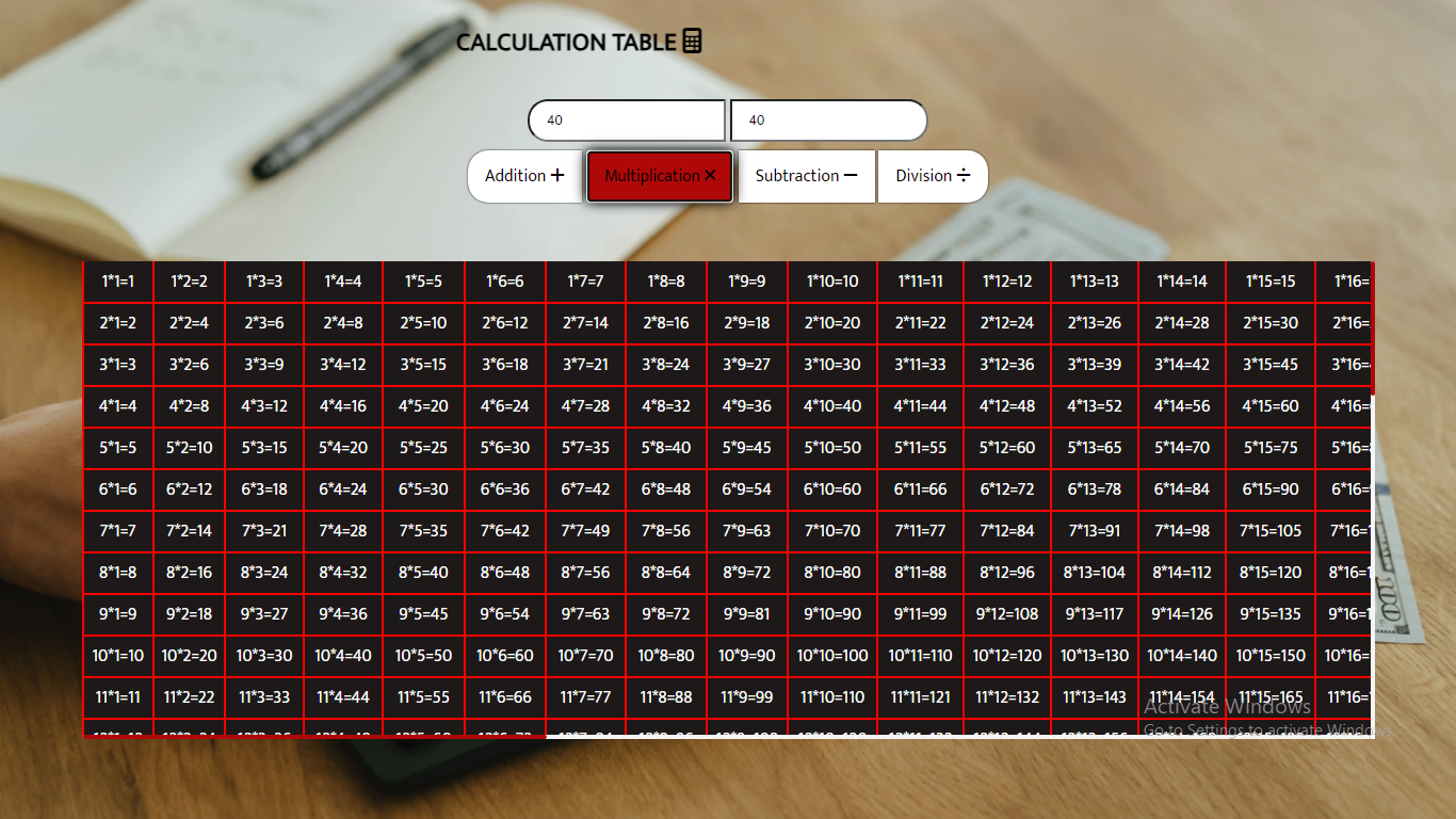 Calculation Table Screenshot