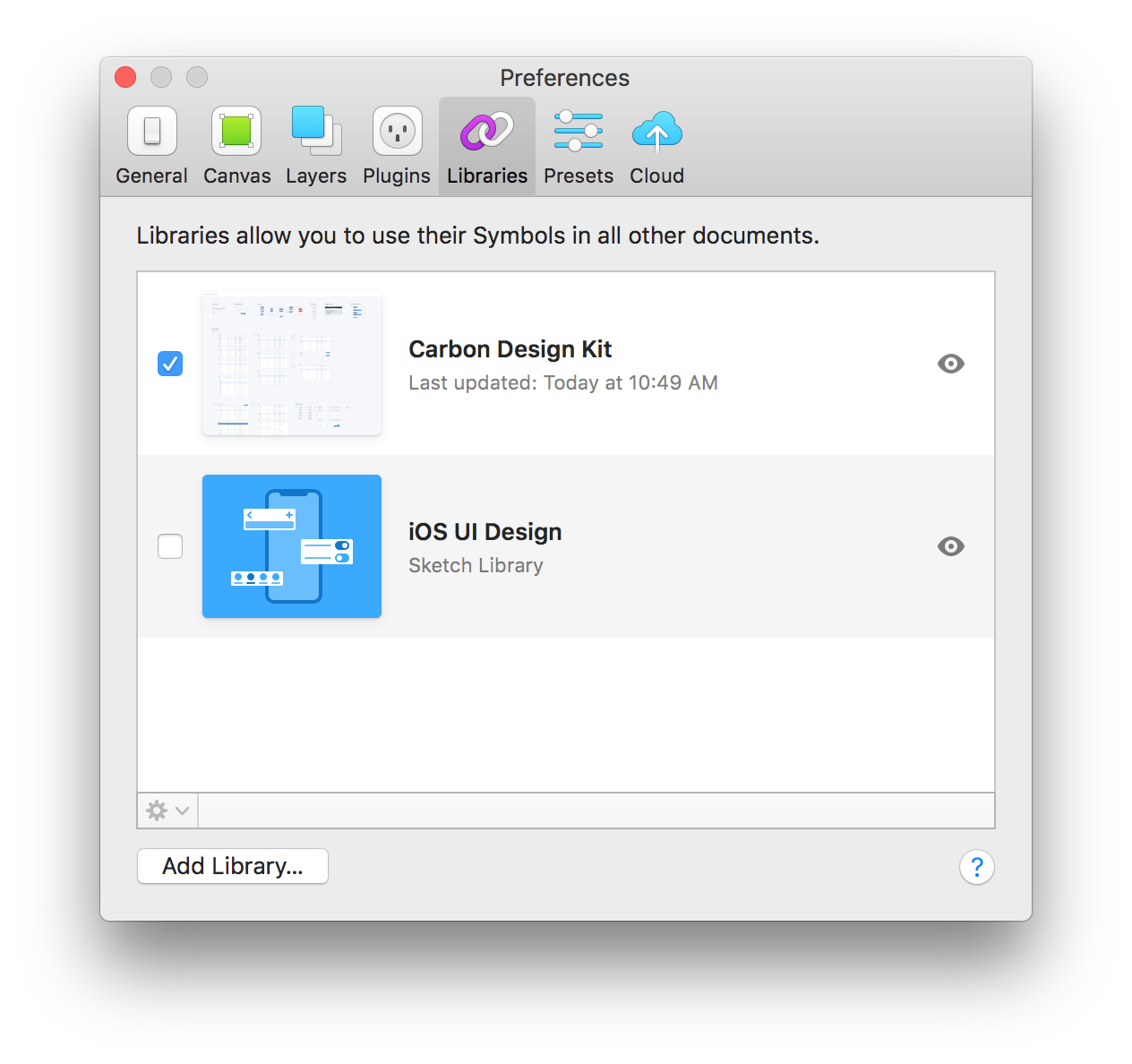 Sketch Preference modal, Libraries tab