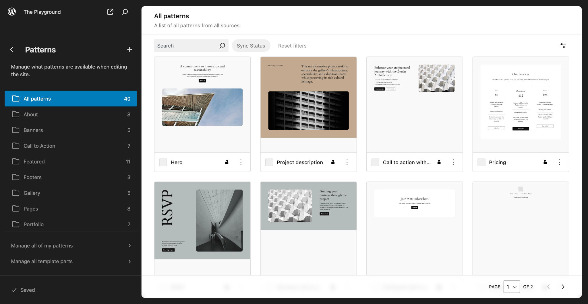 Pattern library in the WordPress site editor, which shows a 4-column grid of all available patterns.