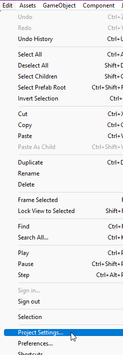 Project Settings context menu