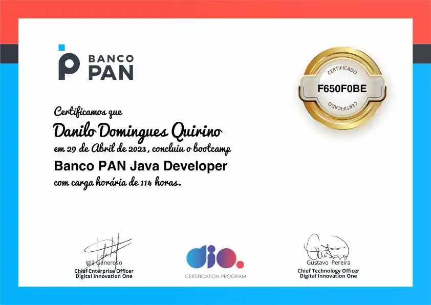 Certificado de conclusão do Bootcamp Banco Pan Java Developer emitido com o código F650F0BE