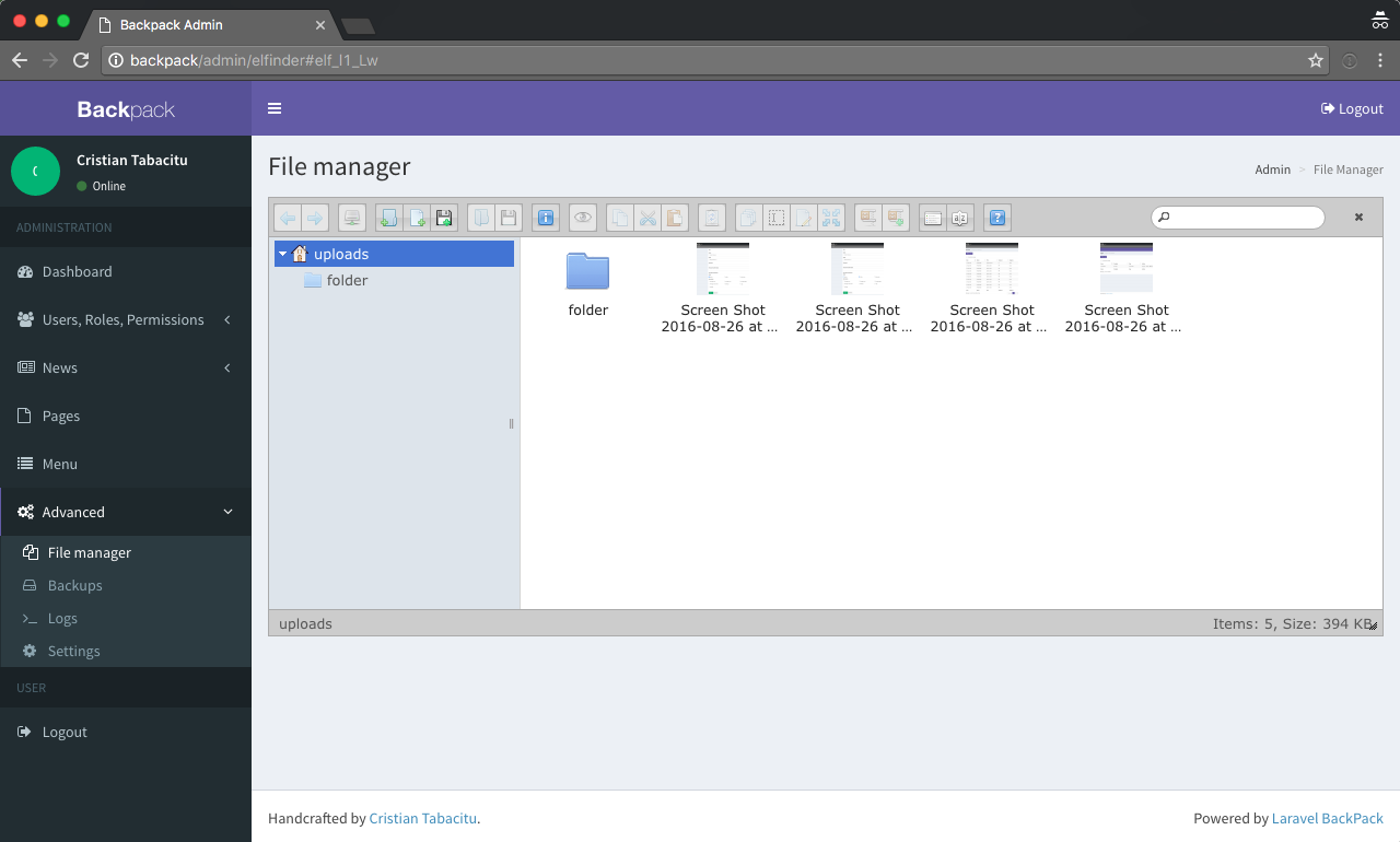 File manager interface for Backpack/CRUD