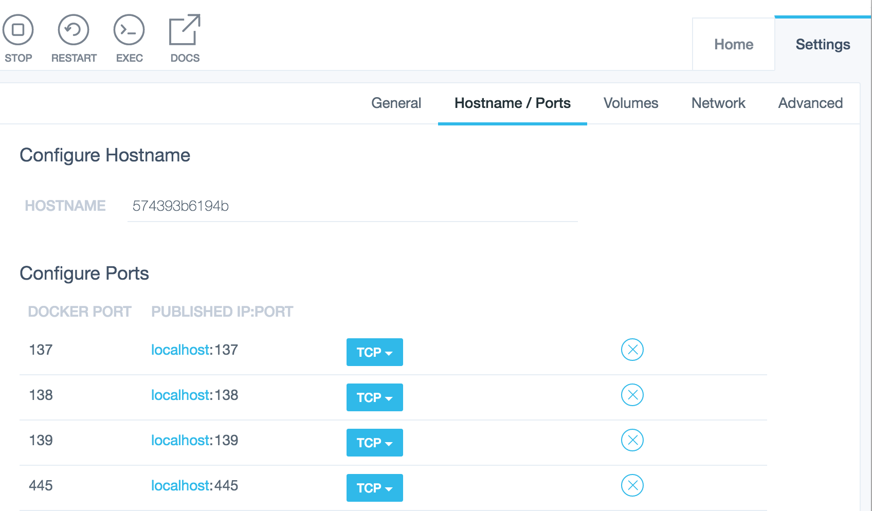 Image of Settings panel on Docker