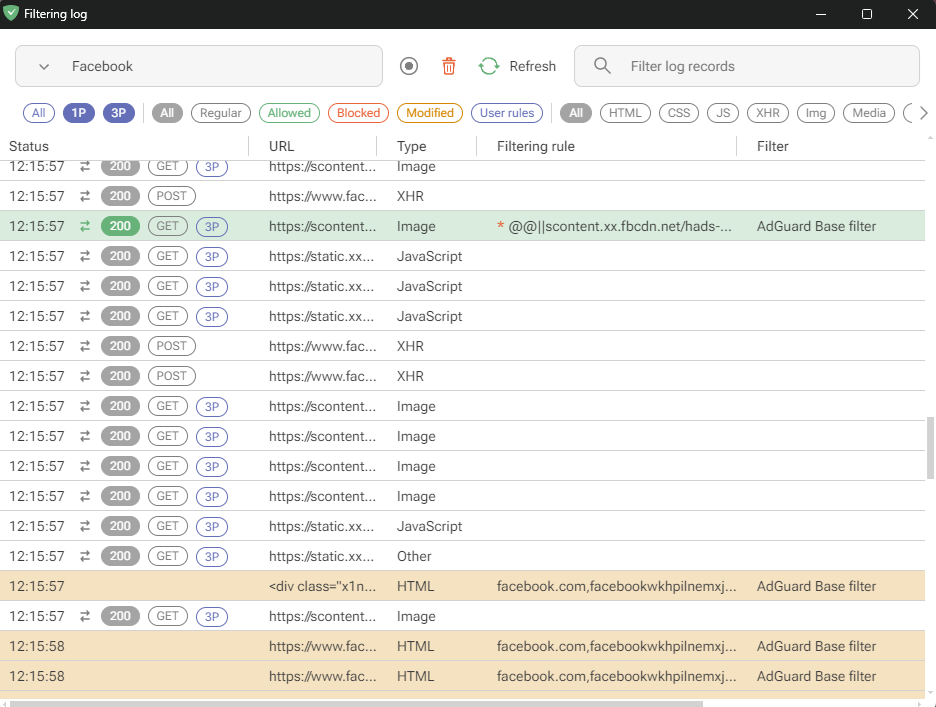 Filtering log