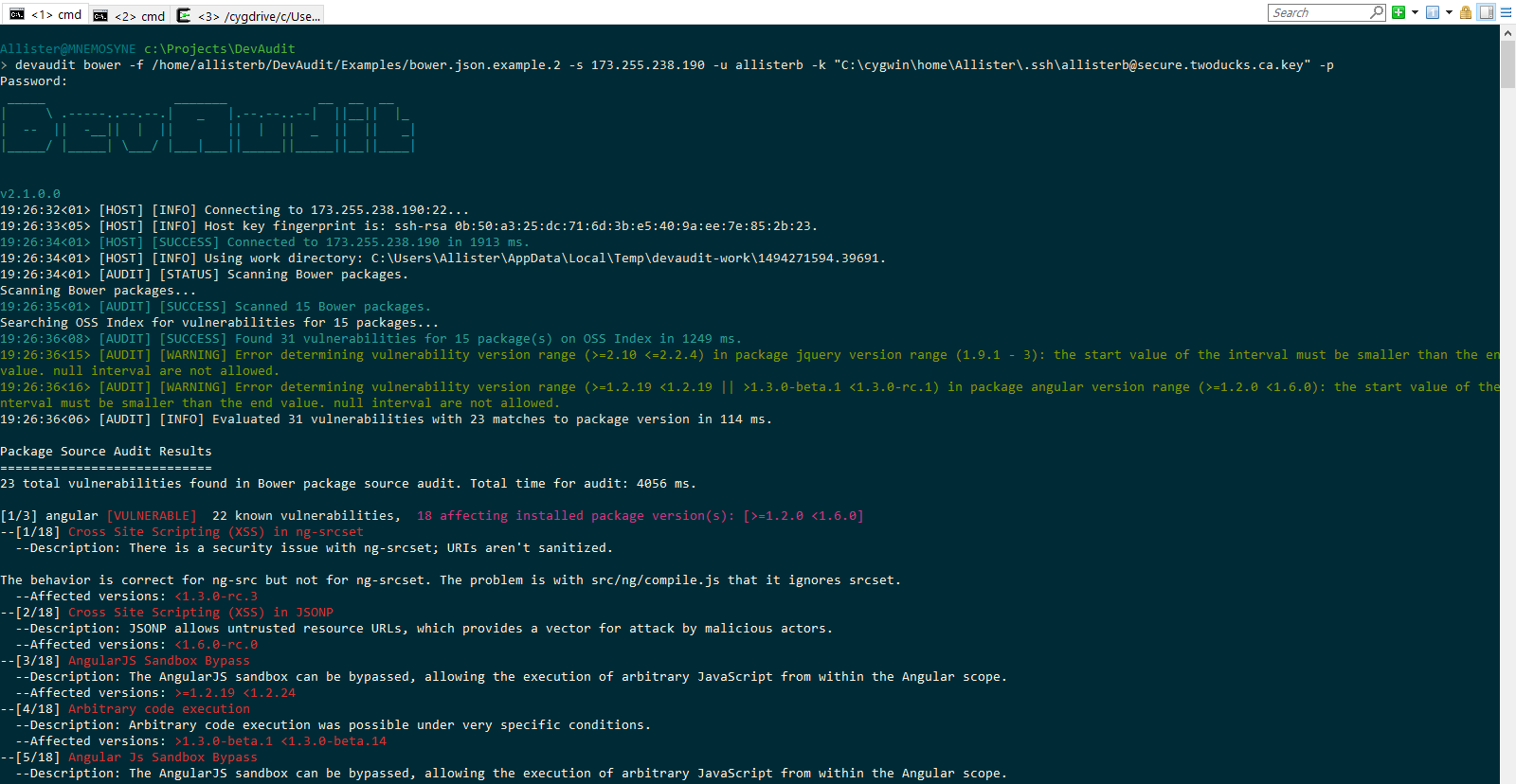 Screenshot of DevAudit auditing over SSH