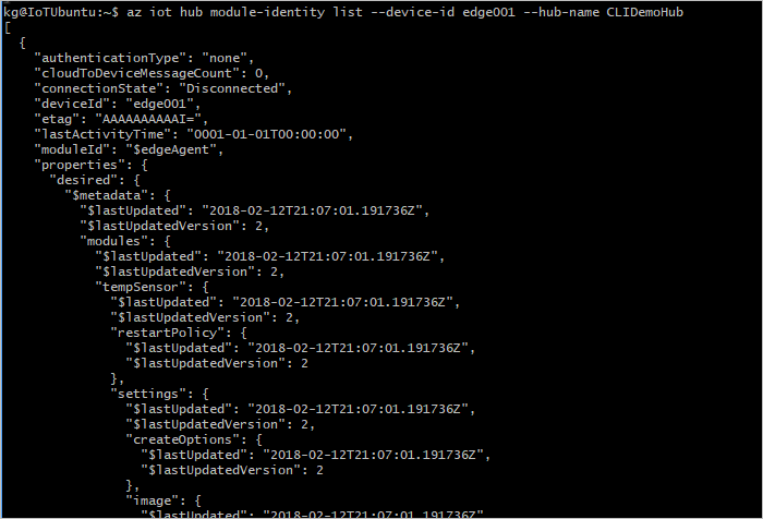 az iot hub module-identity list output