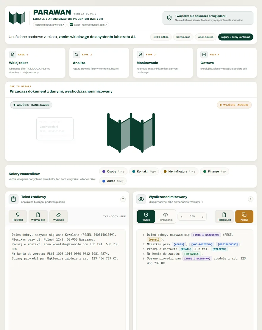 Parawan — the four processing steps, a marker colour legend, and a source-text versus anonymised-output comparison