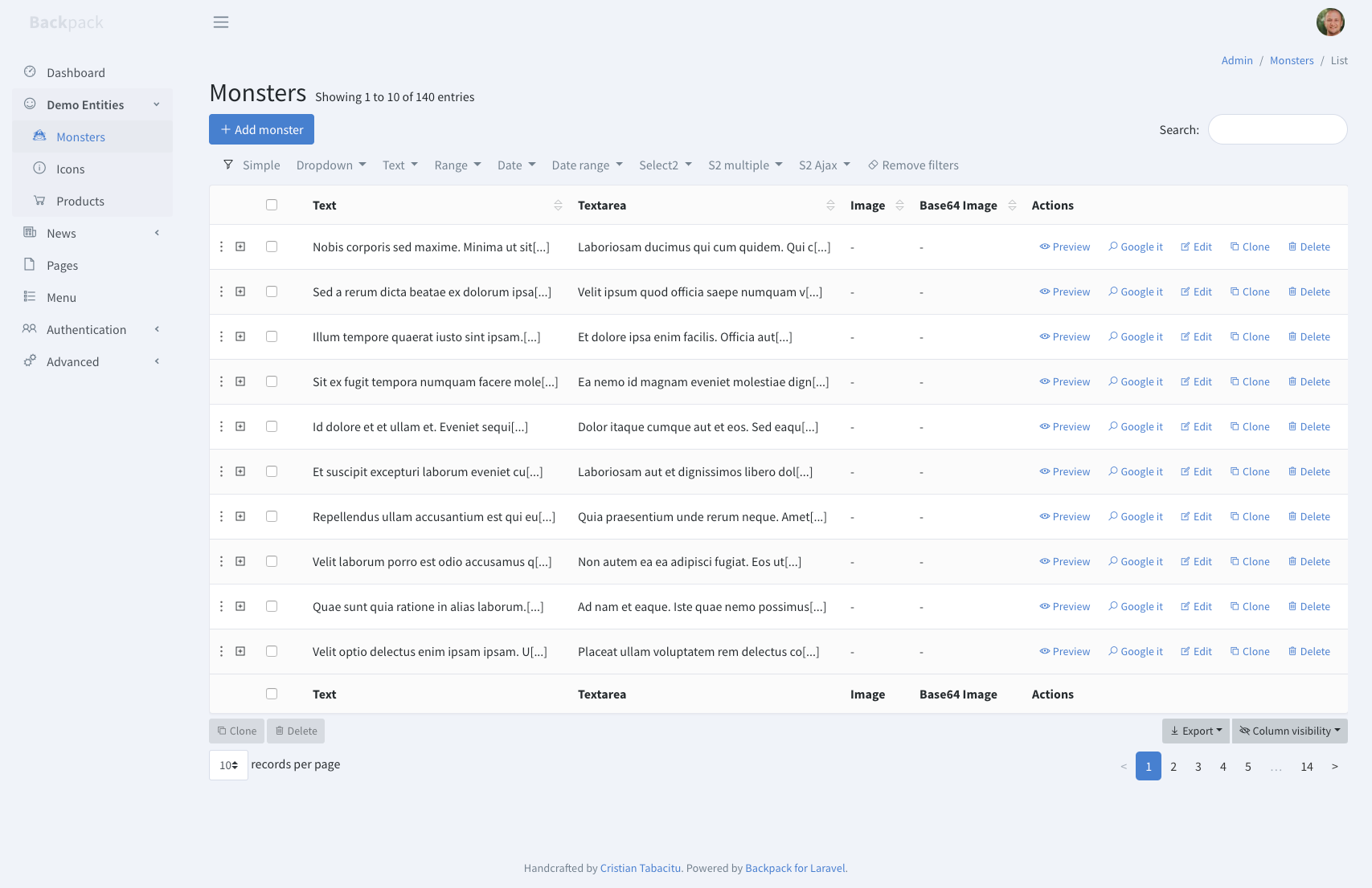 List / table view for Backpack/CRUD