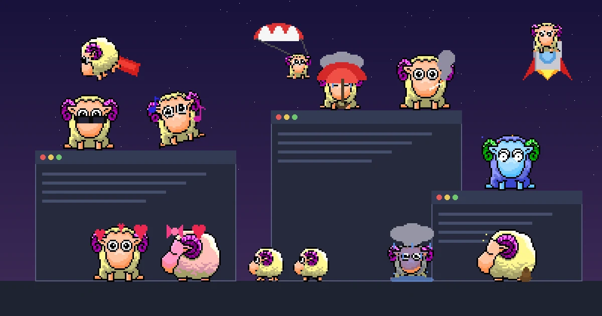 RustyPet screenshot — the whole sheep family: superman, parachute, rocket, umbrella, the ewe in love and the lambs