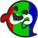 A happy ghost coloured in the autism flag