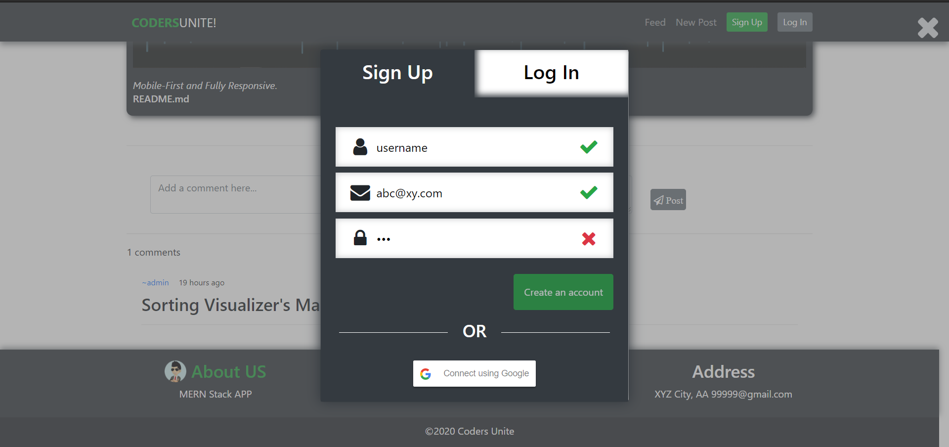 signup and login page