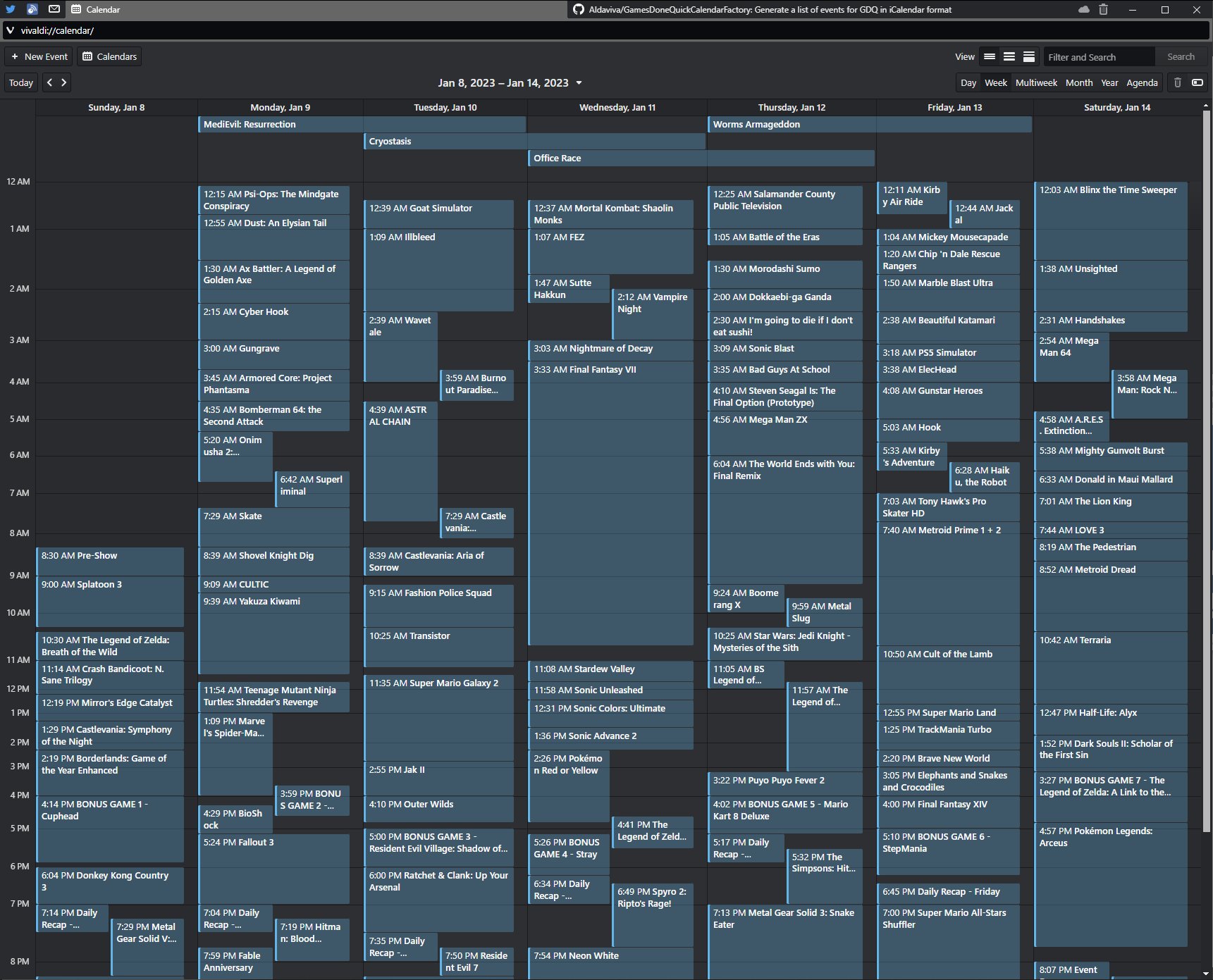 AGDQ 2023 schedule in Vivaldi