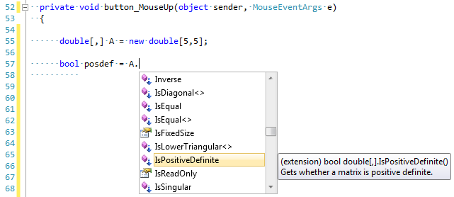 Matrix operations in the Accord.NET Framework through extension methods.