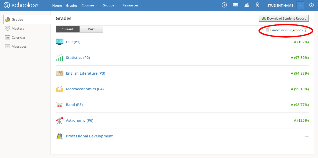 The grades page, with the enable what-if grades checkbox highlighted