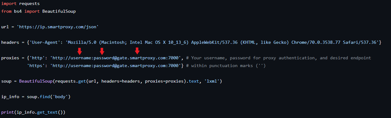 smartproxy beautifulsoup http/https proxy configuration with username password authentication