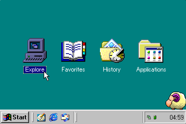 GIF showing the main menu, with Explore, Favorites, History, and Applications as desktop icons, and Information, Configuration, Reboot, and Shutdown as options in the Start Menu