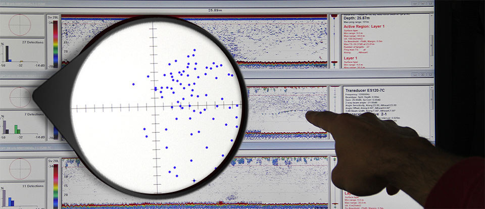 Sonar tracking of tungsten ball underneath research vessel for calibration