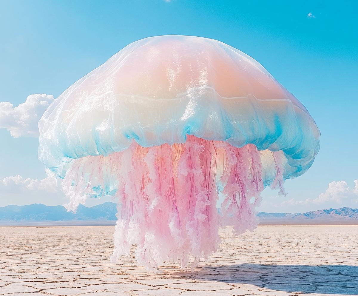 A giant jellyfish floating above a salt flat desert