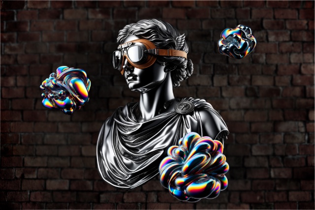 A greek-style bust of a woman made of metal, wearing aviator-style goggles while gazing toward colorful abstract metallic blobs floating in space