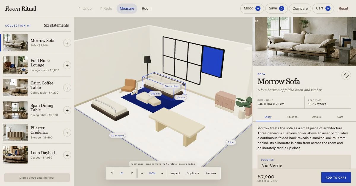 Room Ritual apartment configurator with a furniture catalog, measured 3D room plan, and product inspector.