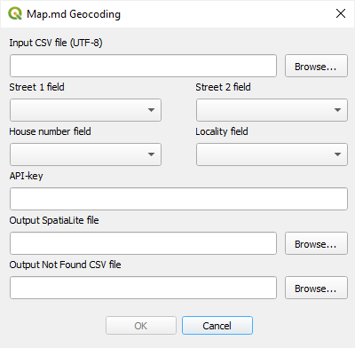 Interfața extensiei Map.md Geocoding QGIS plugin