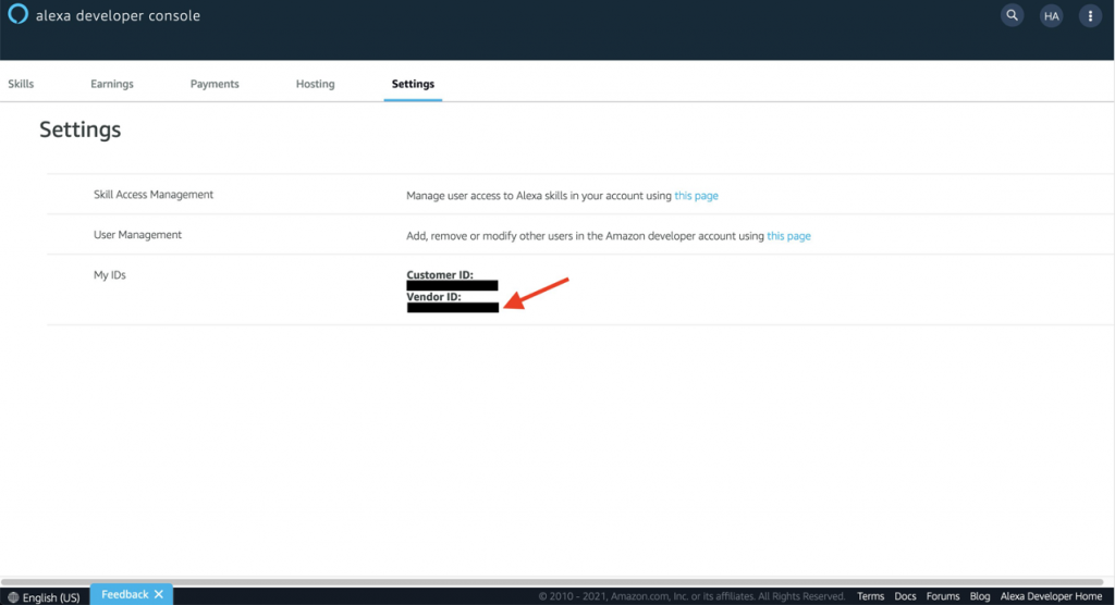 Screenshot of Alexa Developer console showing location of Vendor ID