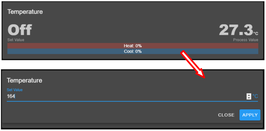 Setting new temperature value via the temperature (CTA) pane