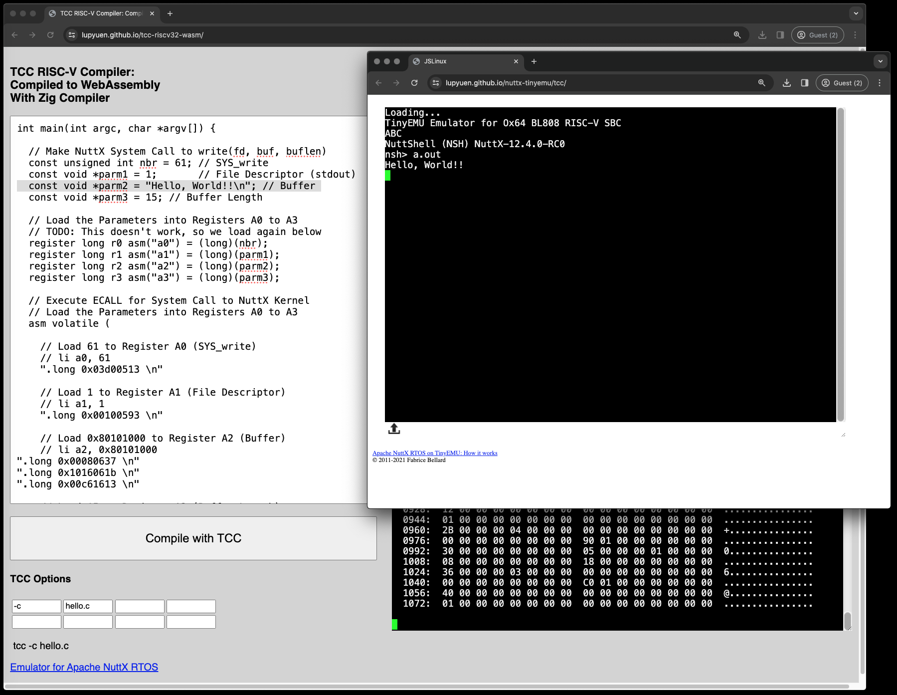 TCC RISC-V Compiler: Compiled to WebAssembly with Zig Compiler