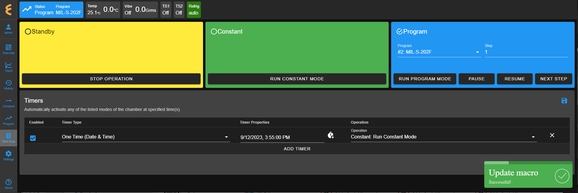 Scheduled a one-time timer to set chamber in Constant mode