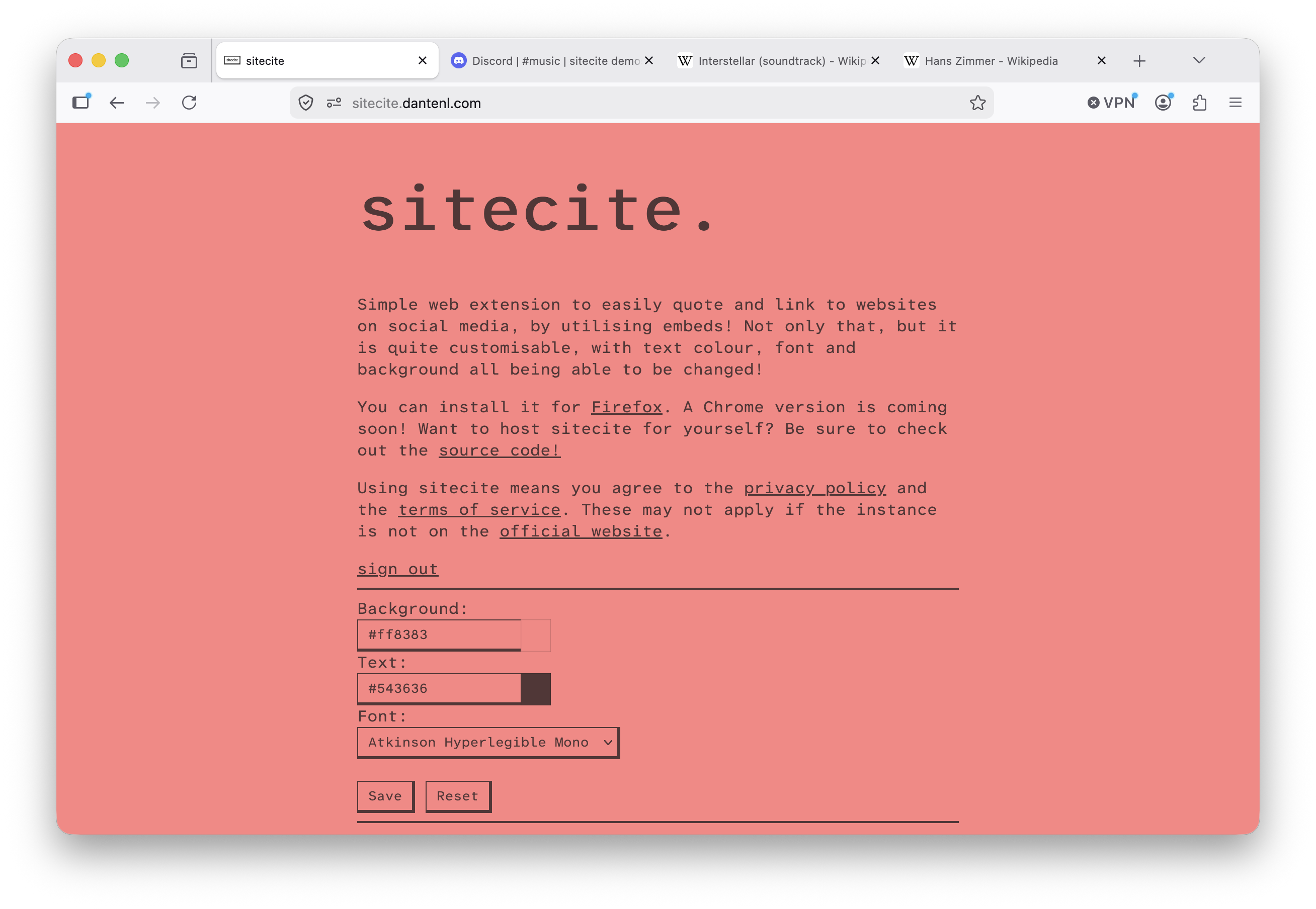 Image showing the Firefox browser with the homepage page of sitecite at sitecite.dantenl.com