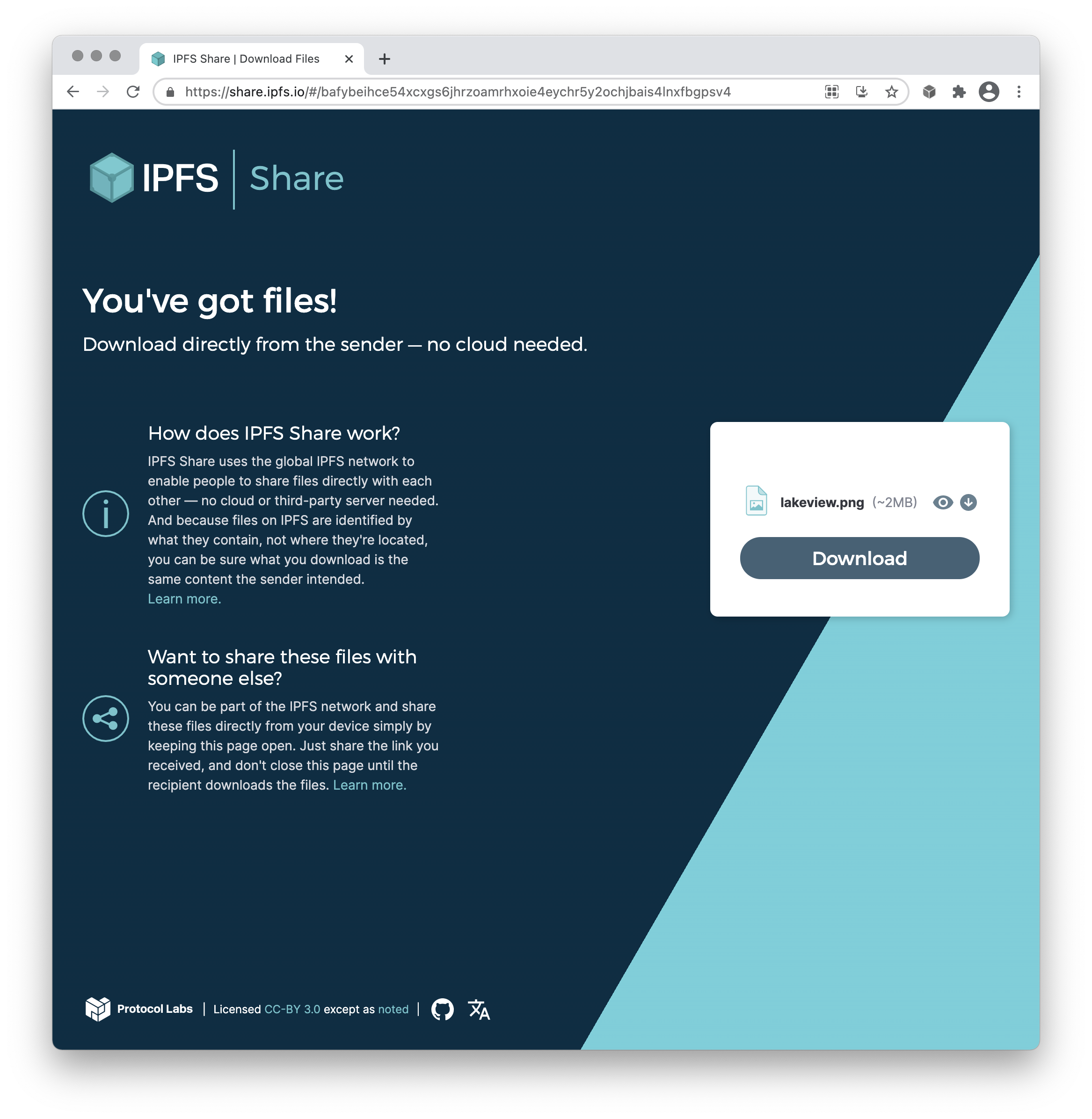 Screenshot of IPFS Share recipient view