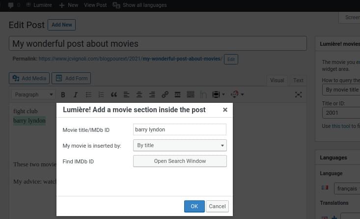 Tool to insert a movie section or a popup in a post