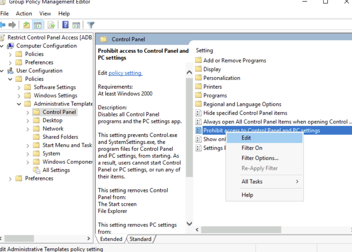 Selecting a Policy setting and editing it.