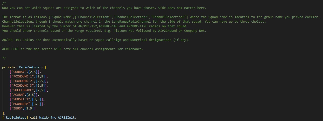 Image of the ACRE2Init function call in the init.sqf