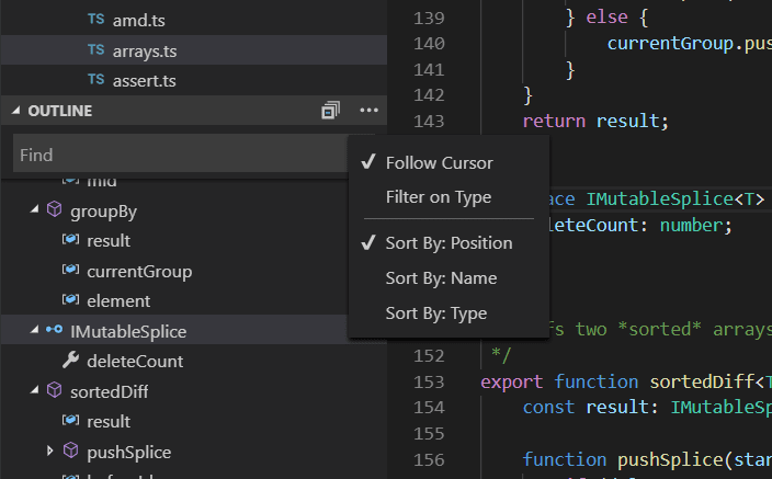 Screenshot of the Outline tab on VSCode