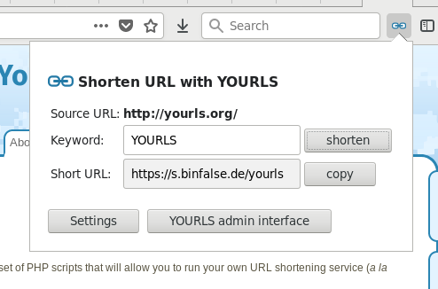 Shorten URLs using YOURLS and this webextension