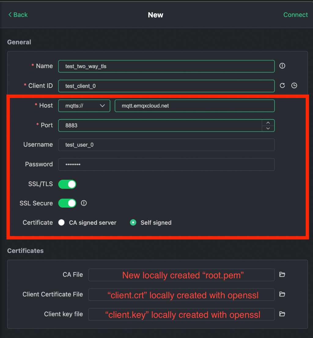 Fill out the new connection prompt