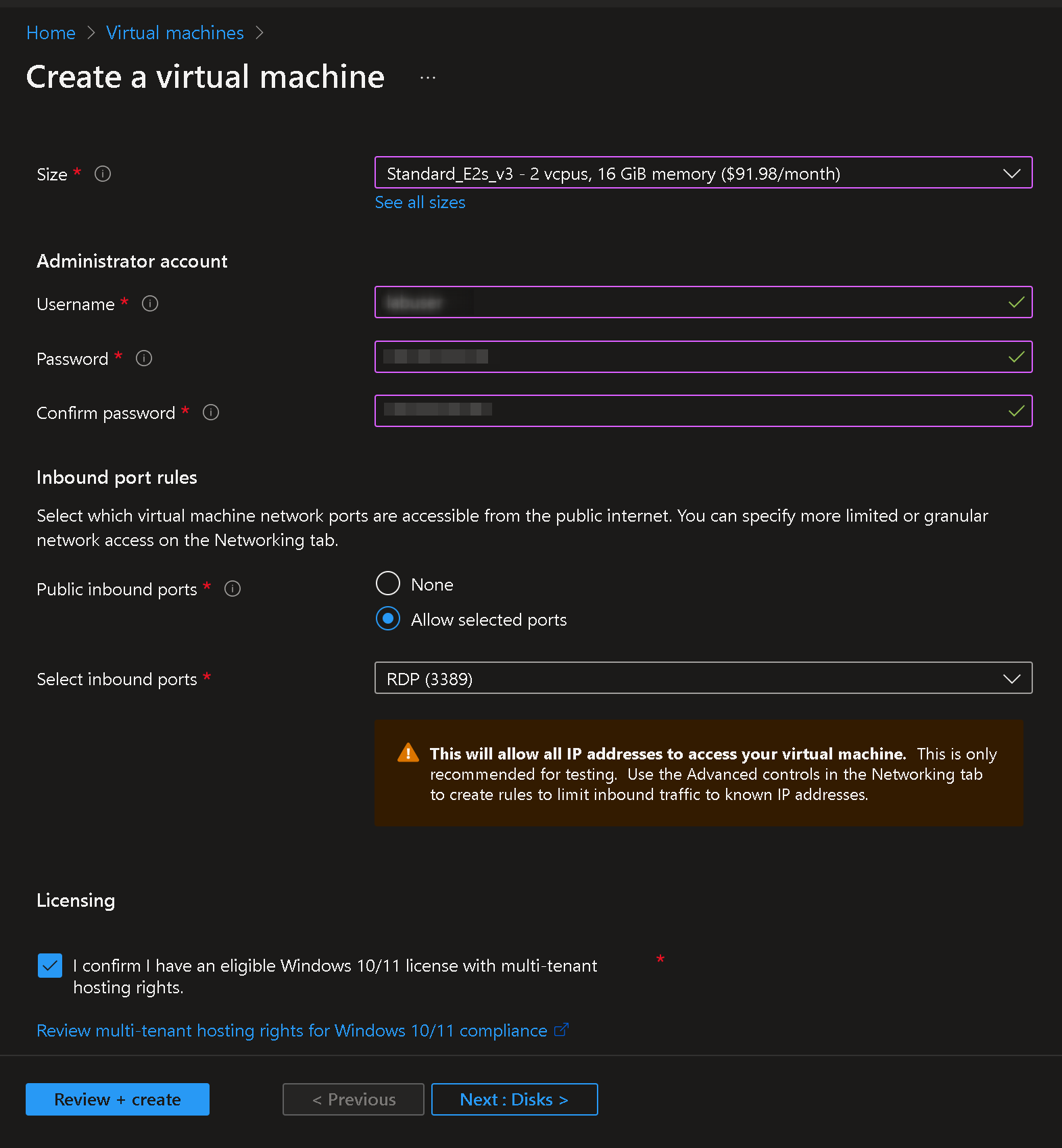 create size of windows vm