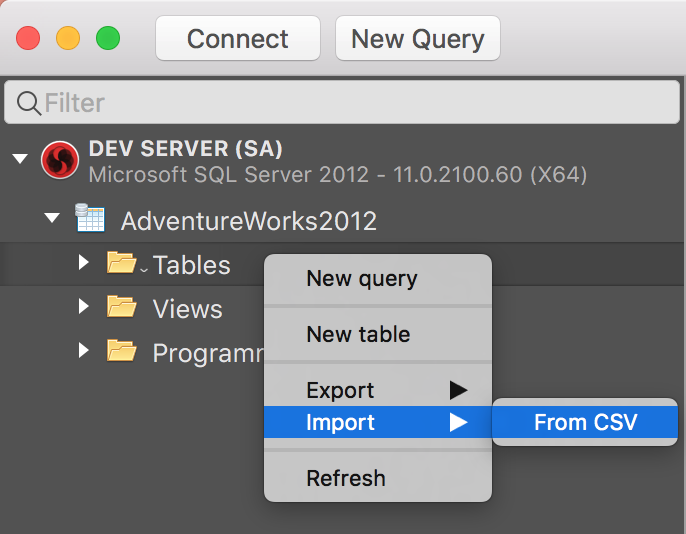 Right clicking a tables node