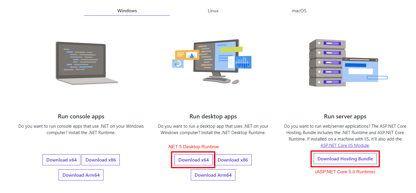 Buttons to click for .NET Desktop & ASP.NET runtime