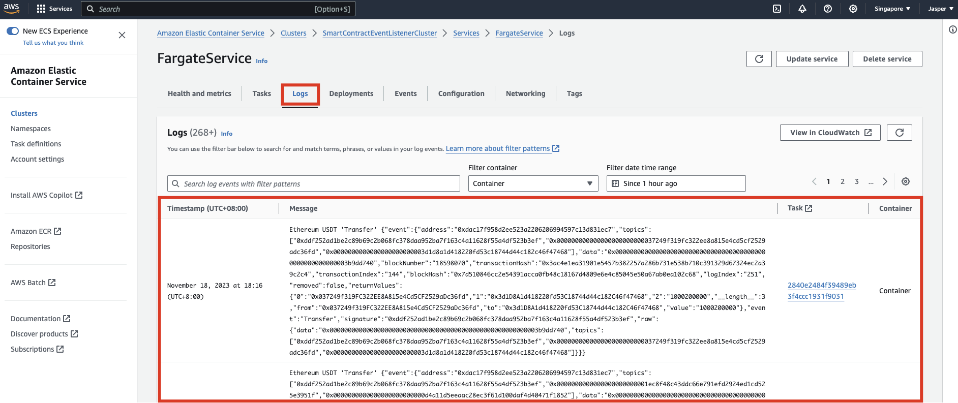 AWS Console ECS Logs