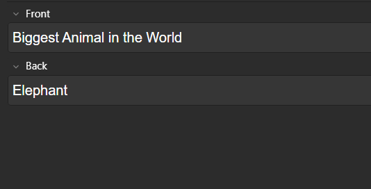 An Anki card in the editor. The front reads "Biggest Animal in the World" and the back reads "Elephant."