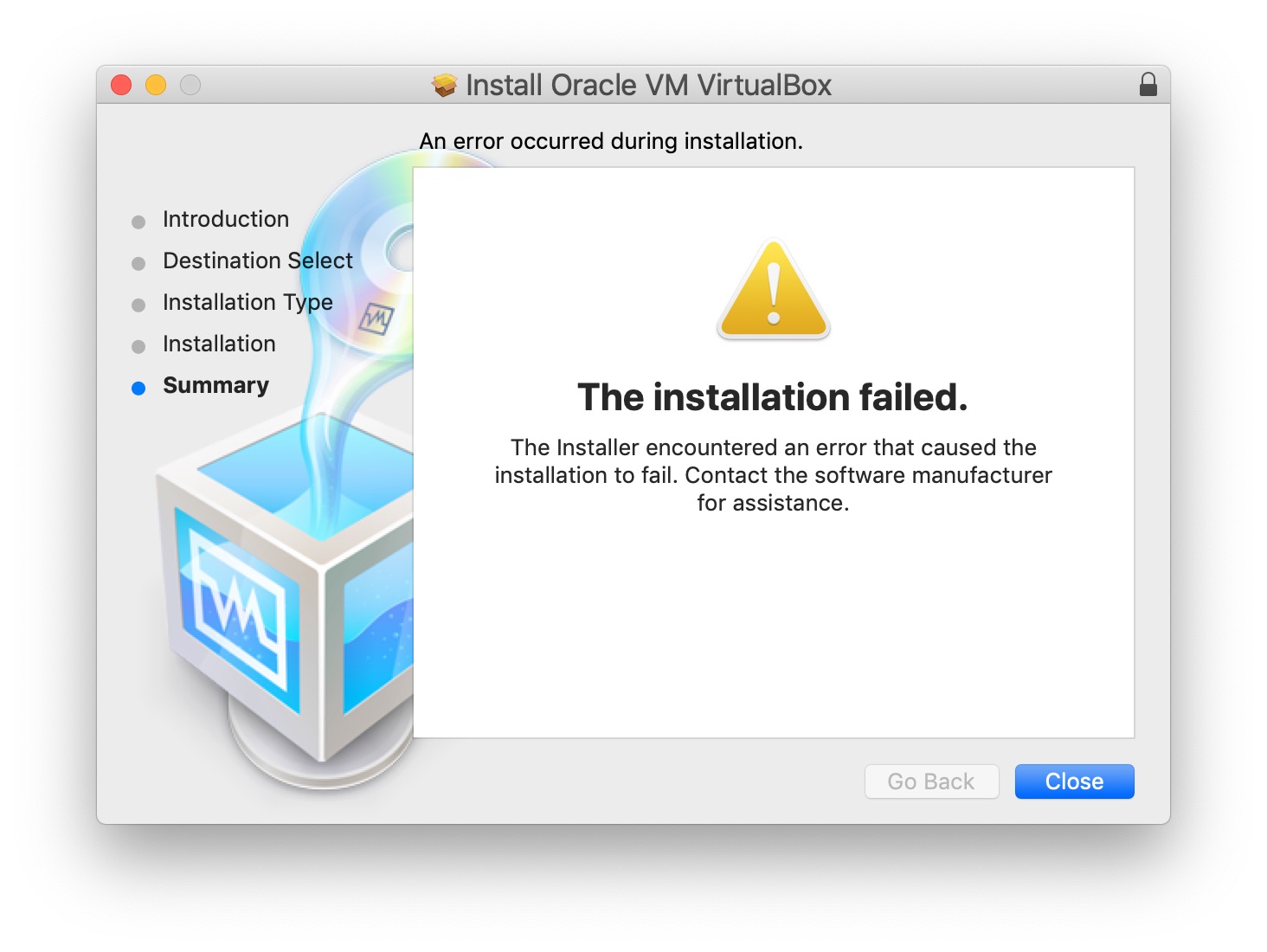 Screenshot of the failed install