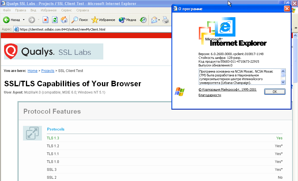 Qualys SSL client test: TLS 1.3 support on Windows XP with Internet Explorer 6