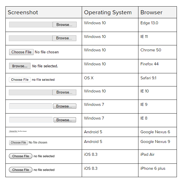 Screenshot of input file rendering in different browsers