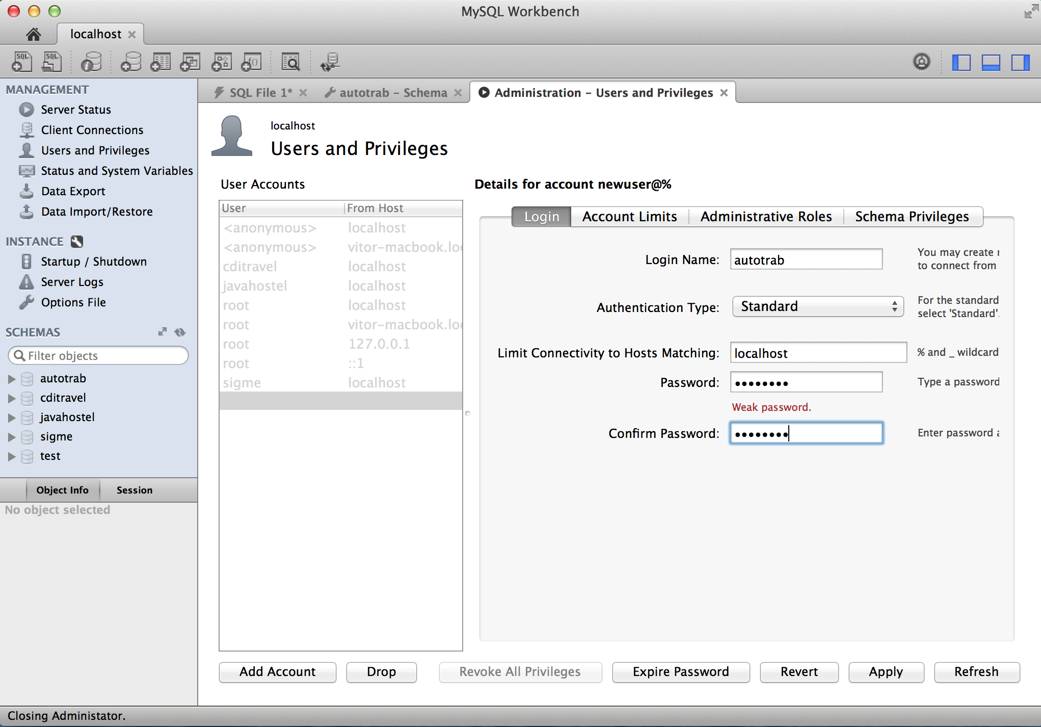 Creating the autotrab user in MySQL Workbench.