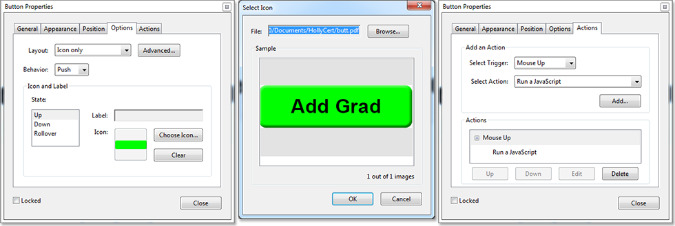 Three screenshots of process for creating a button as described in step 4