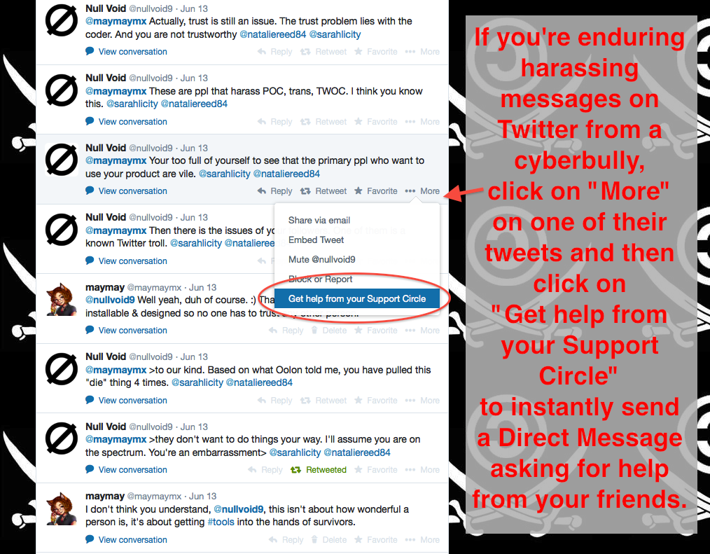 Screenshot showing "Get help from your Support Circle" link in the "More" drop-down menu of tweet actions.