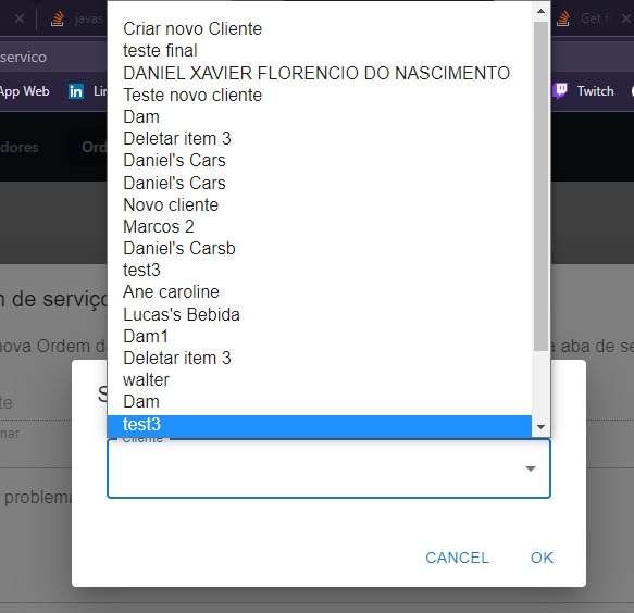 Adicionar Nova Ordem de serviço (Escolher cliente - Select) - Visão Gestor